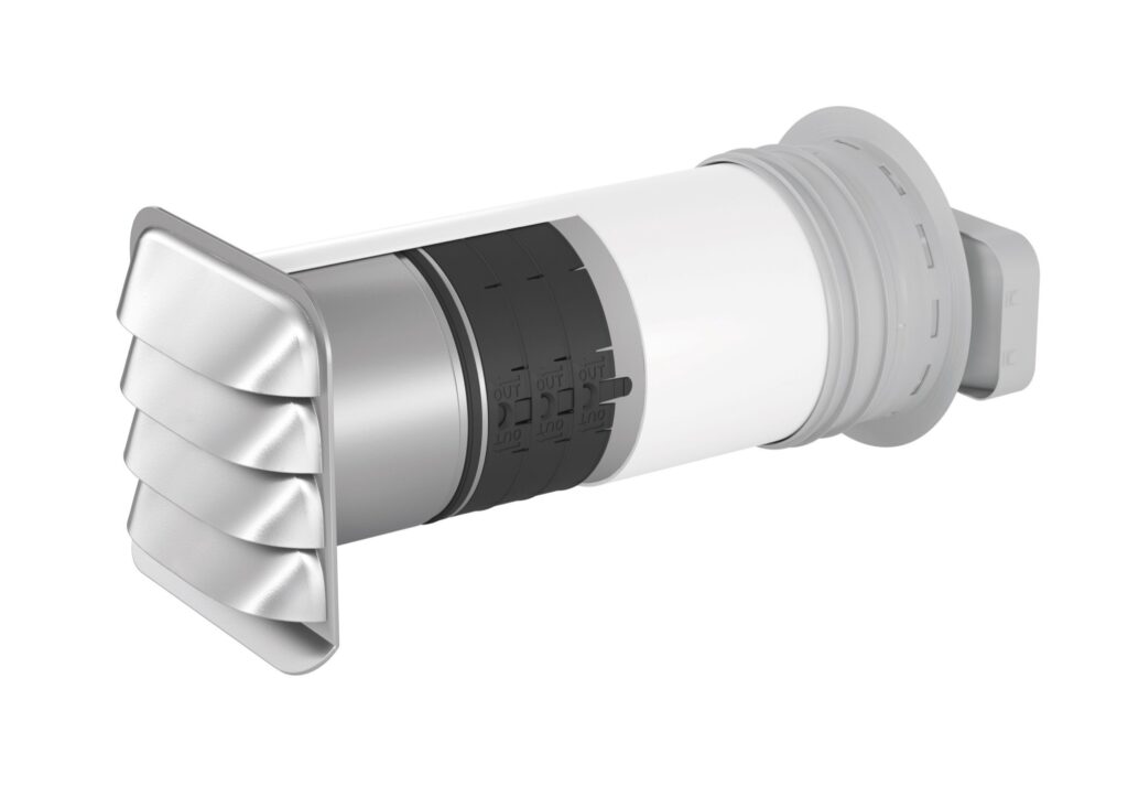 COMPAIR PRIME flow Mauerkasten mit Edelstahl-Außenjalousie und eingesetzter THERMOBOX